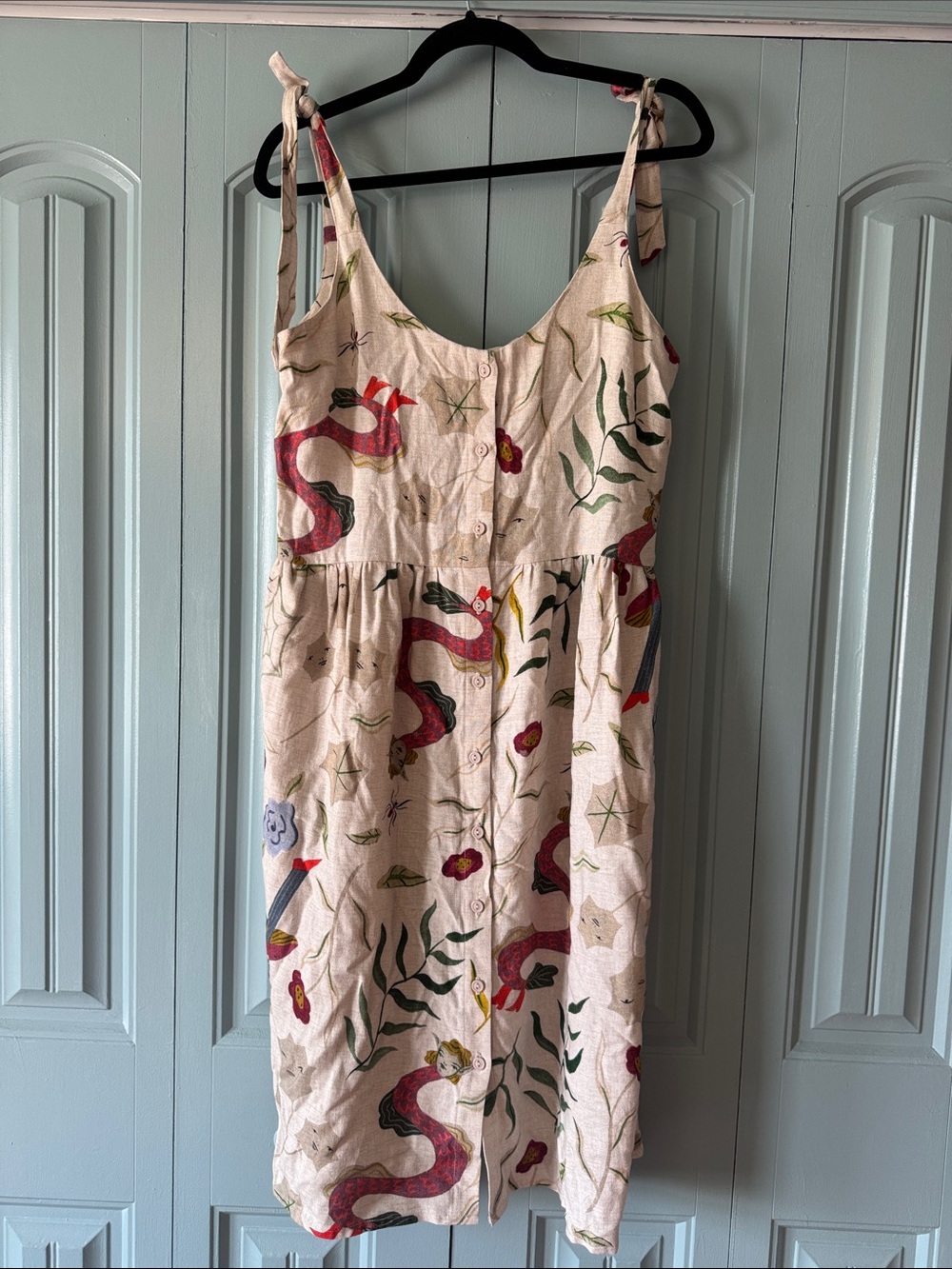 Eve Gravel Cream Sundress with Red Snake & Green Botanical Print